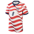 A soccer jersey for the United States national team against a black background. The jersey features wavy horizontal red and white stripes. It has a blue Nike swoosh on the right chest, a US soccer crest on the left chest, and the number 8 in dark blue in