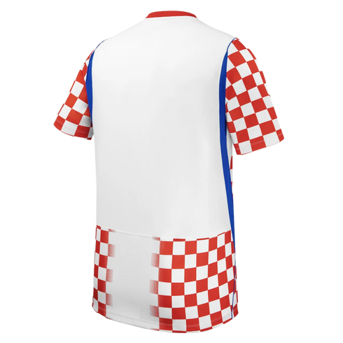Back of a white soccer jersey with red and white checkered sleeves and lower back, blue side panels, and a red collar.