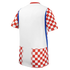 Back of a white soccer jersey with red and white checkered sleeves and lower back, blue side panels, and a red collar.