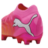 Vibrant pink Puma soccer cleat featuring a white logo, metallic magenta studs, and an orange-to-pink gradient textured upper.