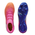 Top and bottom views of a Puma soccer cleat featuring a pink and orange gradient upper and a metallic blue studded outsole.
