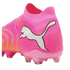 Bright pink Puma soccer cleat with a large white cat logo, pink knitted upper, and matching pink studded sole.