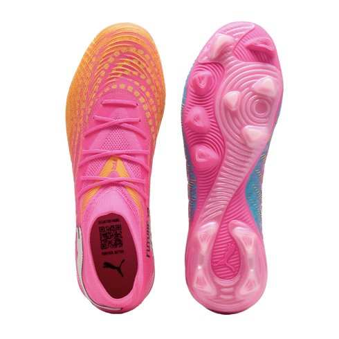 Top and bottom views of a Puma Future soccer cleat in a vibrant pink, orange, and blue colorway, showing its textured upper and studded outsole.