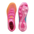 Top and bottom views of a Puma Future soccer cleat in a vibrant pink, orange, and blue colorway, showing its textured upper and studded outsole.