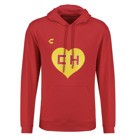 Red hoodie featuring a yellow heart with red "CH" letters on the chest, a front kangaroo pocket, and a small yellow logo on the left side.