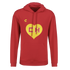Red hoodie featuring a yellow heart with red "CH" letters on the chest, a front kangaroo pocket, and a small yellow logo on the left side.