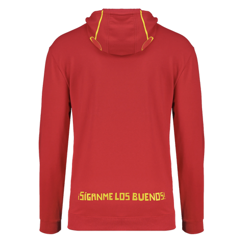 Back of a red hoodie featuring yellow text reading "¡SÍGANME LOS BUENOS!" at the bottom. The hood has two thin yellow lines resembling antennae.