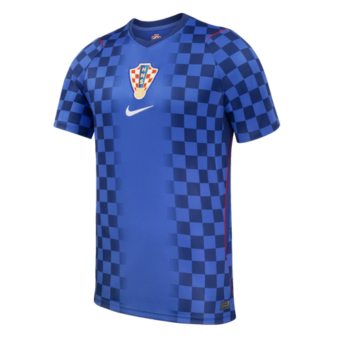 Blue Croatia national football team away jersey by Nike with a checkered pattern on the sides and sleeves, featuring the team crest and white swoosh centered on the chest.