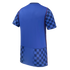 Back of a blue sports jersey featuring a navy blue checkerboard pattern on the sleeves and bottom hem, with thin red piping along the sides.