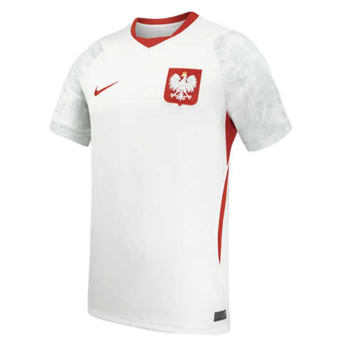 White Nike Poland national soccer jersey with red accents, patterned sleeves, and the Polish eagle crest on the chest.