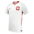 White Nike Poland national soccer jersey with red accents, patterned sleeves, and the Polish eagle crest on the chest.