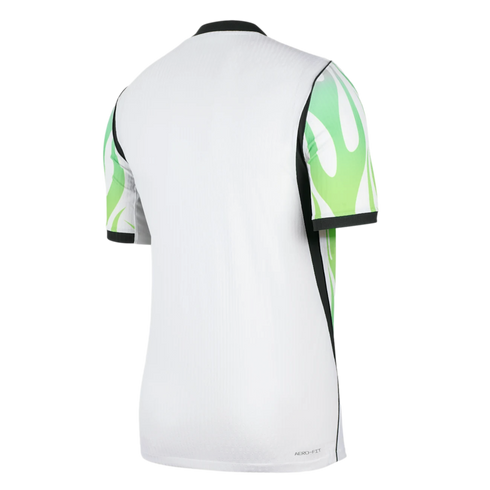 Back view of a white sports jersey with black trim and green flame-patterned short sleeves. "AERO-FIT" is printed on the bottom right hem.