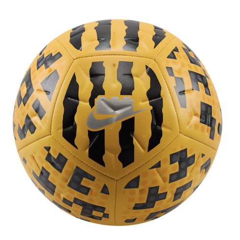 Yellow Nike soccer ball with vertical wavy black stripes and pixelated geometric patterns, featuring a silver Nike swoosh logo in the center.