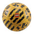 A yellow LEGO soccer ball with black abstract and pixelated patterns, featuring the red LEGO logo in the center.