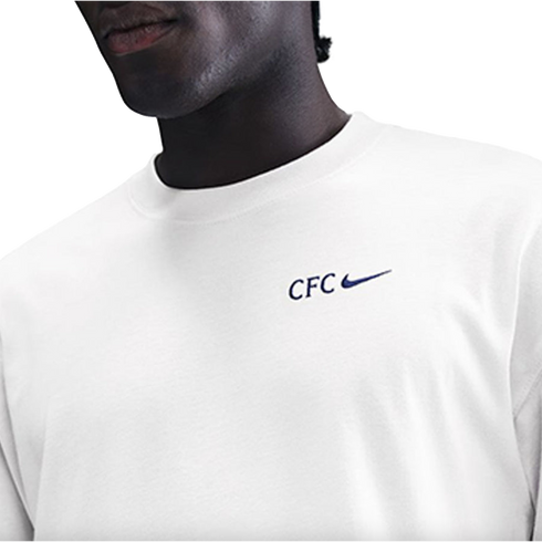 A person wearing a white T-shirt with a blue "CFC" text and Nike swoosh logo on the left chest.
