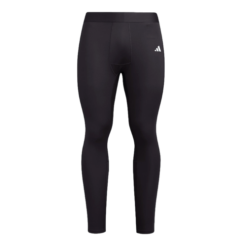 Full-length black athletic compression leggings with a small white Adidas logo on the left hip, featuring a wide waistband and a form-fitting design.