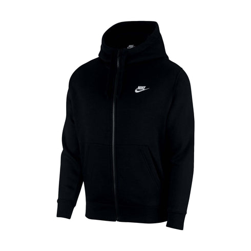 Black Nike full-zip hoodie with a small white swoosh logo on the left chest and a drawstring hood.