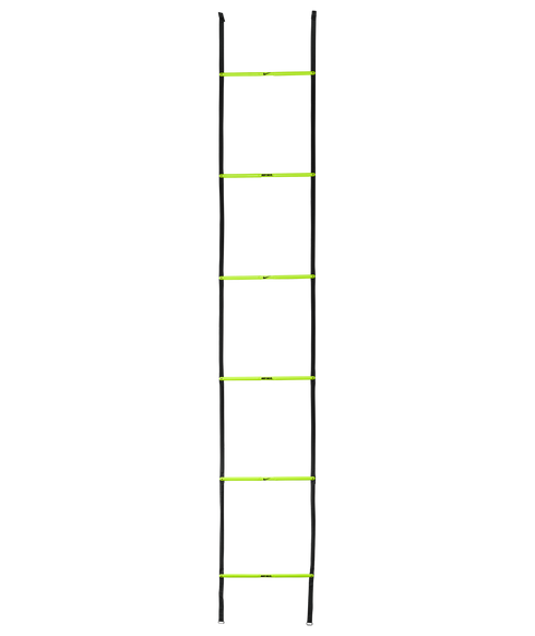 A vertical agility ladder with black side straps and six neon yellow rungs, featuring small Nike branding, shown against a solid black background.